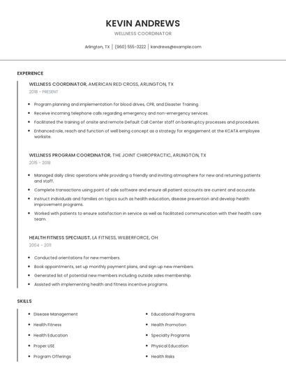 Wellness Coordinator Resume