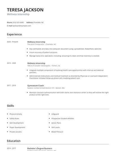 Wellness Internship Resume