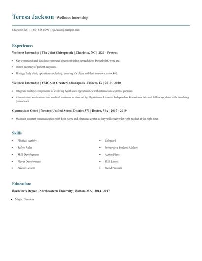 Wellness Internship Resume
