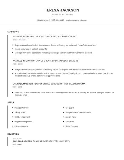 Wellness Internship Resume