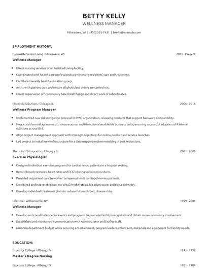 Wellness Manager Resume