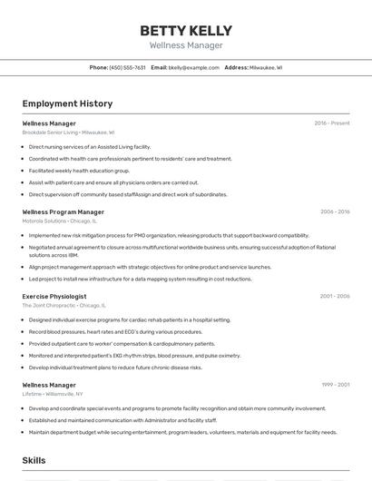 Wellness Manager Resume