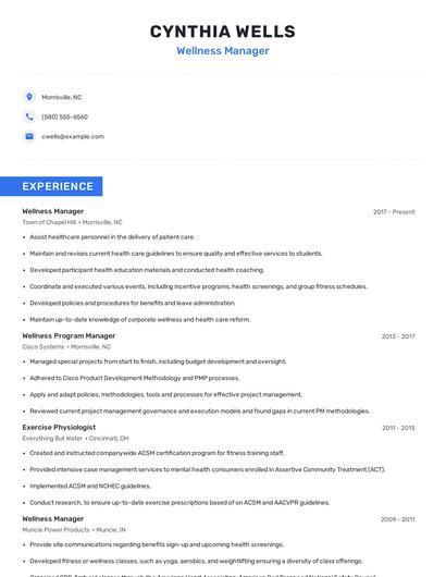 Wellness Manager Resume
