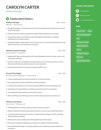 Wellness Manager Resume