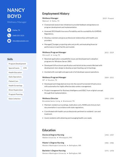 Wellness Manager Resume