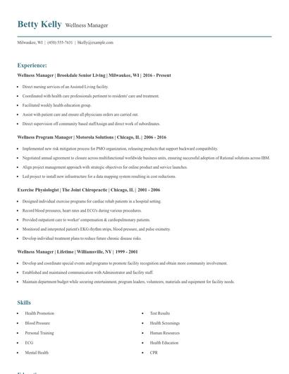 Wellness Manager Resume