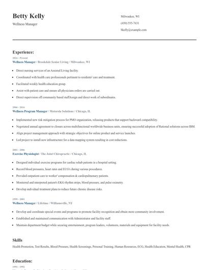 Wellness Manager Resume