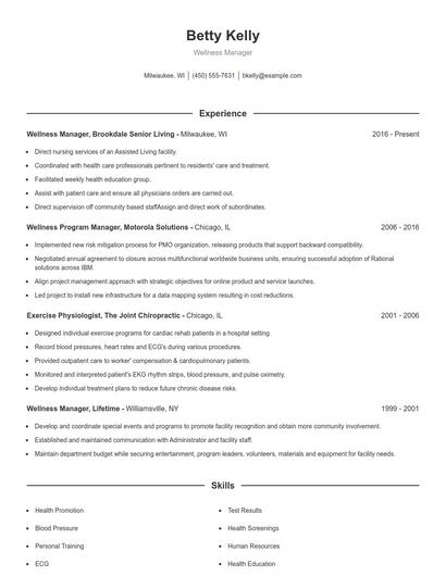 Wellness Manager Resume