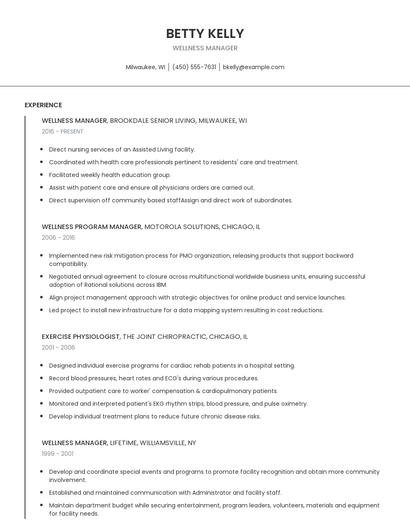 Wellness Manager Resume