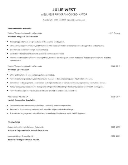 Wellness Program Coordinator Resume