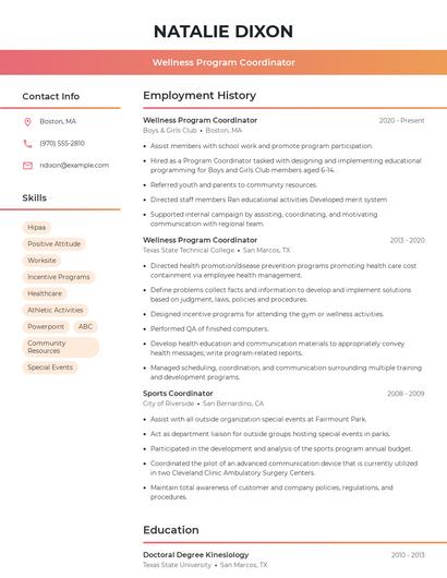 Wellness Program Coordinator Resume