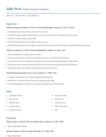 Wellness Program Coordinator Resume