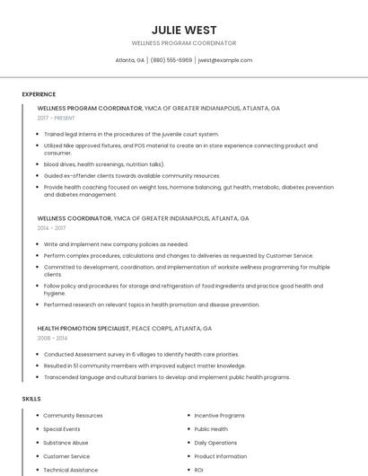 Wellness Program Coordinator Resume