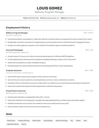 Wellness Program Manager Resume