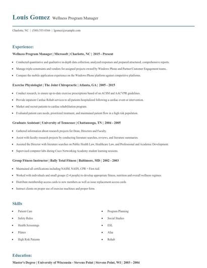 Wellness Program Manager Resume