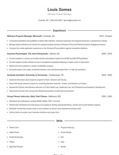 Wellness Program Manager Resume