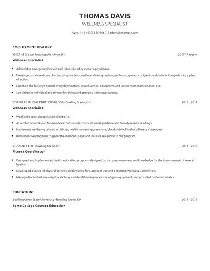 Wellness Specialist Resume