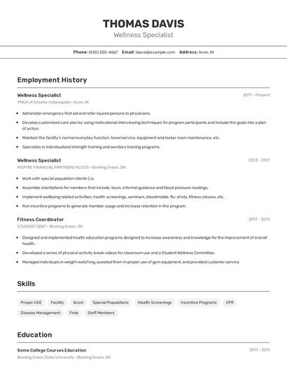 Wellness Specialist Resume