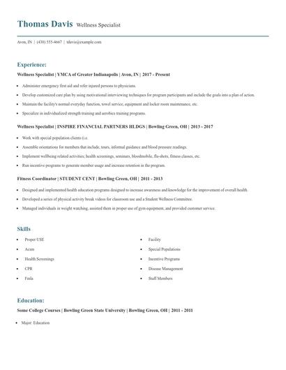 Wellness Specialist Resume