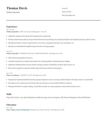 Wellness Specialist Resume