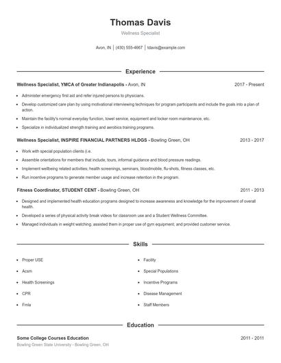 Wellness Specialist Resume