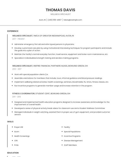 Wellness Specialist Resume