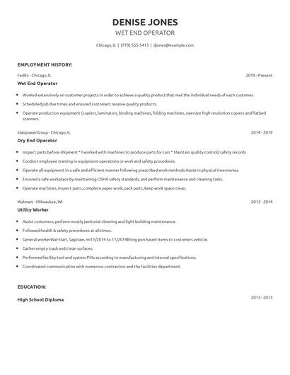 Wet End Operator Resume