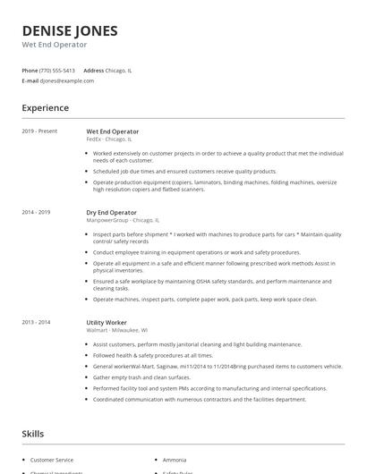 Wet End Operator Resume