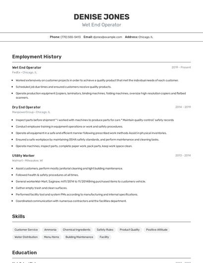 Wet End Operator Resume