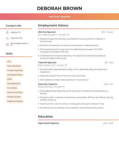 Wet End Operator Resume