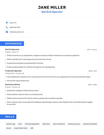Wet End Operator Resume