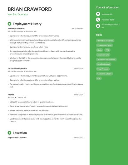 Wet End Operator Resume