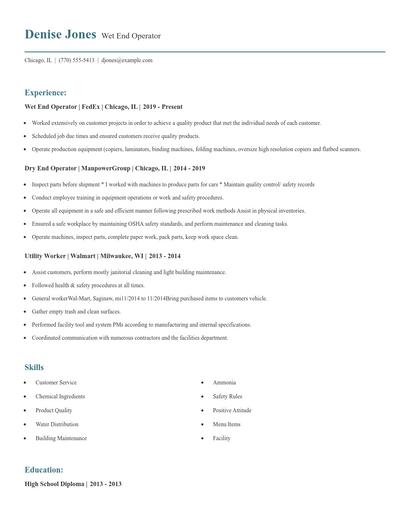 Wet End Operator Resume