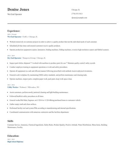 Wet End Operator Resume