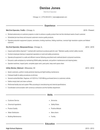 Wet End Operator Resume