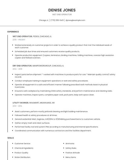 Wet End Operator Resume