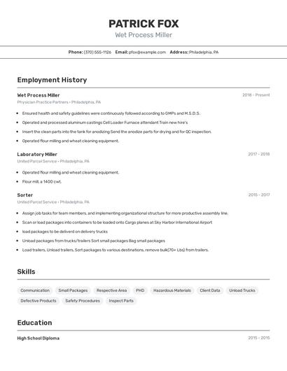 Wet Process Miller Resume