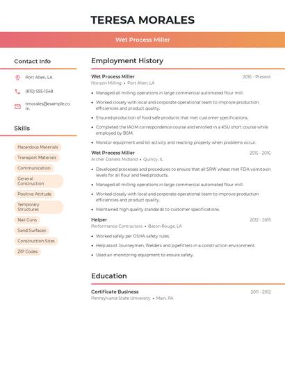 Wet Process Miller Resume