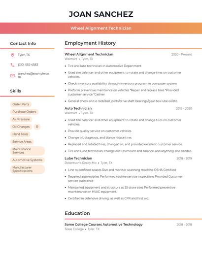 Wheel Alignment Technician Resume