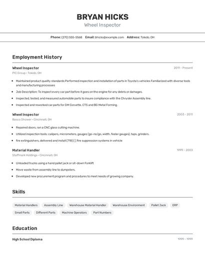 Wheel Inspector Resume
