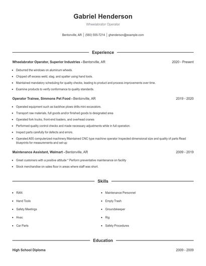Wheelabrator Operator Resume