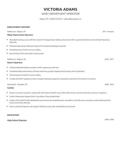 Whey Department Operator Resume