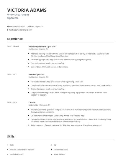 Whey Department Operator Resume