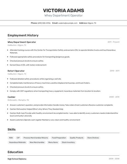Whey Department Operator Resume
