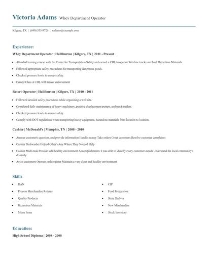 Whey Department Operator Resume