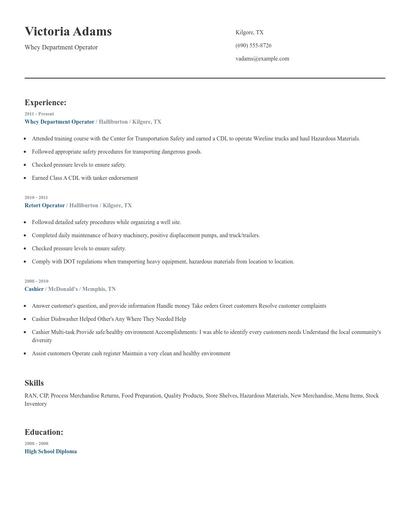 Whey Department Operator Resume