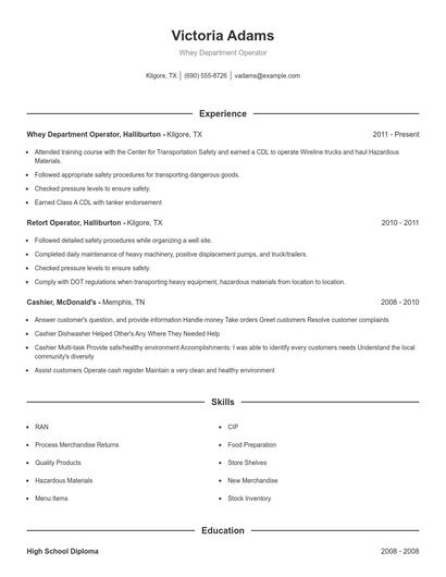 Whey Department Operator Resume