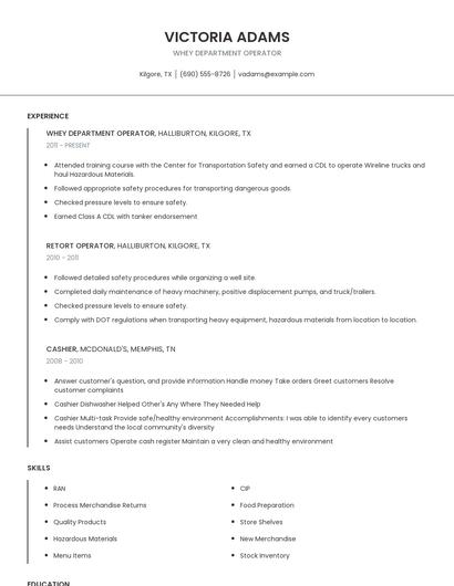 Whey Department Operator Resume