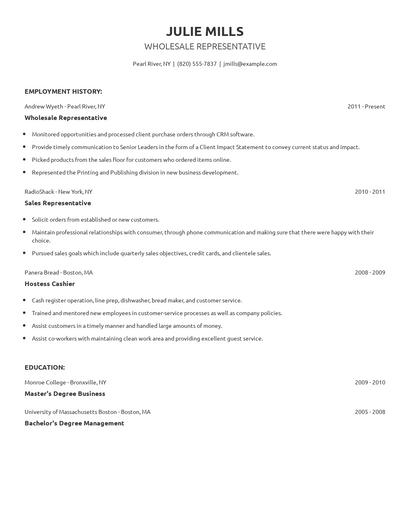 Wholesale Representative Resume