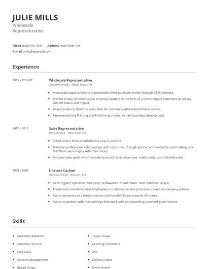 Wholesale Representative Resume